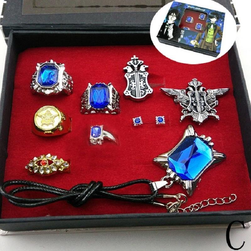 Stunning Black Butler Kuroshitsuji Ciel Phantomhive Cosplay Rings Necklace And Ear-nail Set For Fashion Enthusiasts