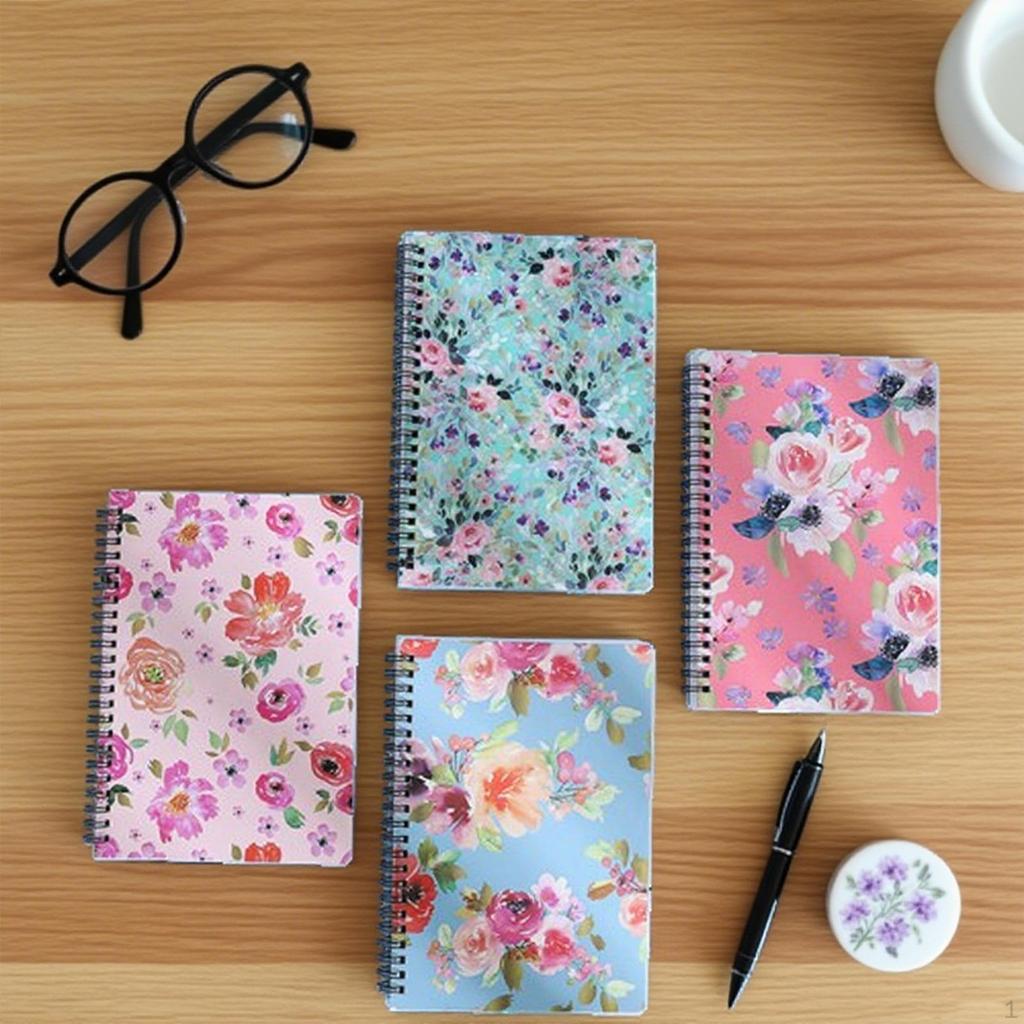4Pcs Spiral Notebook A5 Thick Cute Aesthetic Beautiful Journal Flower Design Notepad for Memo