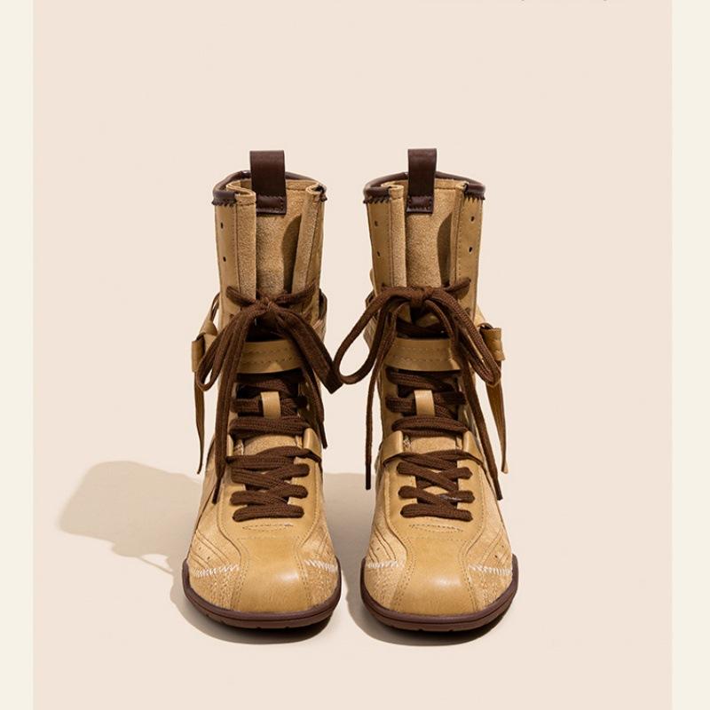 Vintage Versatile Frosted Leather Boxing Boots Women's Strap Side Zipper Outside Wear Mountaineering Dexun Martin Boots Motorcycle Boots