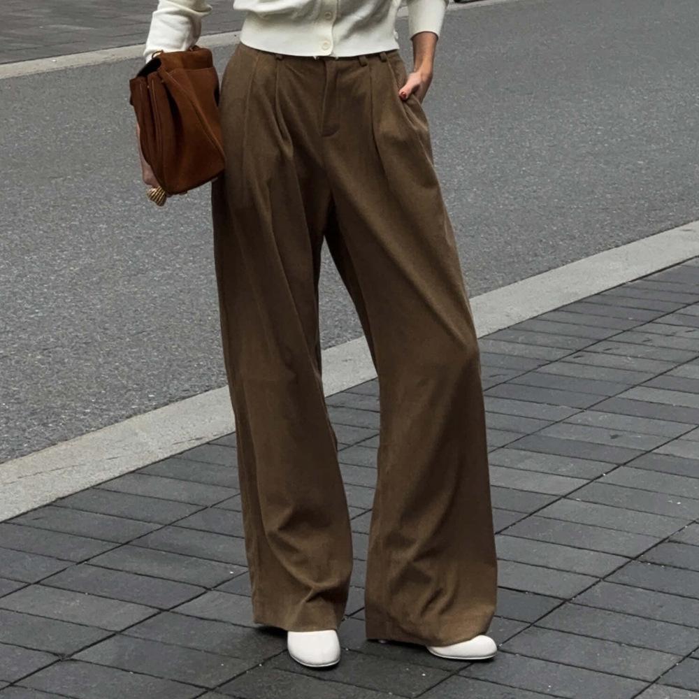 Retro Corduroy Long Pants With A Drape And Wide Leg, Pure Cotton Loose Casual Pants For Women
