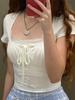 Harajuku Casual White Knitted Lace Patched Tops Female Y2K Korean Style Slim Tie Up T-shirts Shirring Summer Tees Folds Outfits