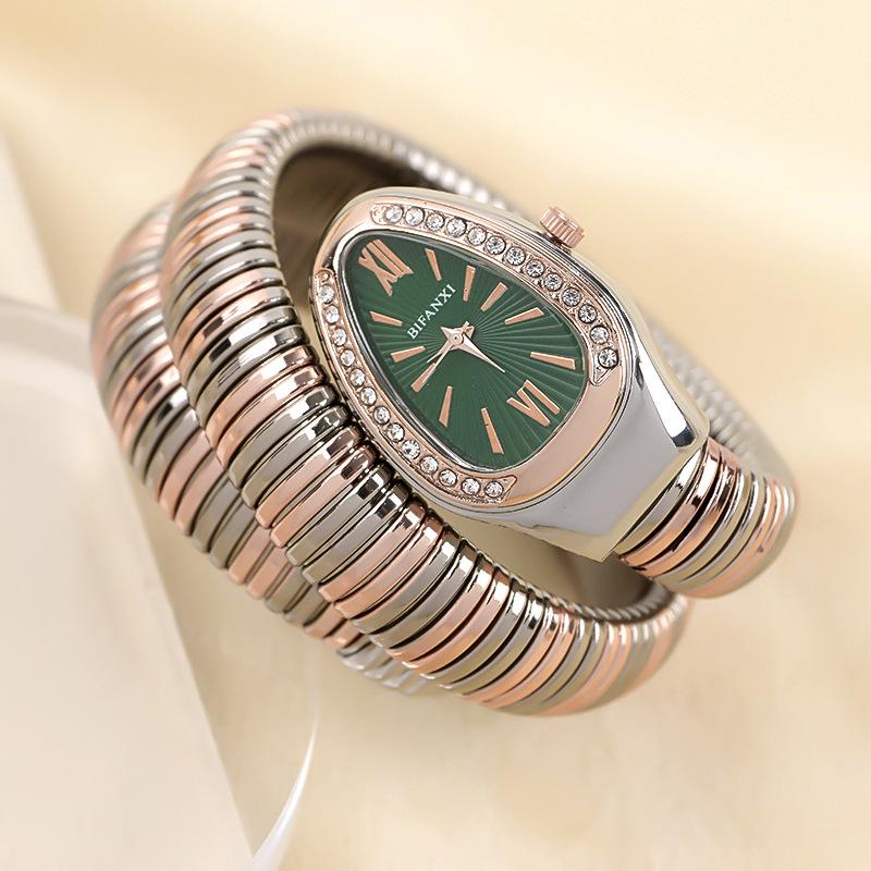 Часы в форме змеи для женщин, наручные часы-браслет с блестящими стразами, кварцевые наручные часы