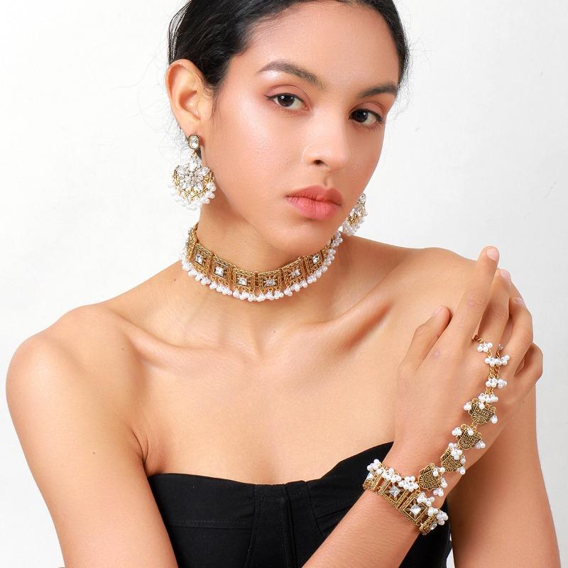 Vintage floral tassel bracelet, earrings, and necklace set - bohemian ethnic jewelry