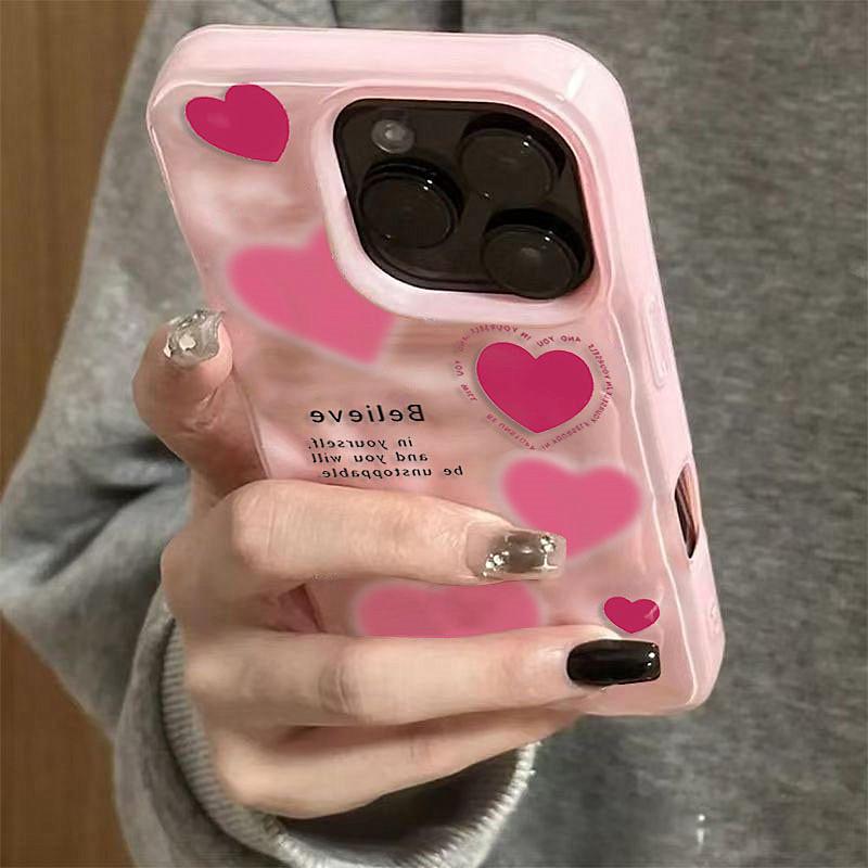 Модный Розовый Чехол для Телефона с Текстурой Складки в Форме Сердца для IPhone17 16 15 14 Plus 13 12 11 Pro Max Ударопрочный Глянцевый Прочный Чехол