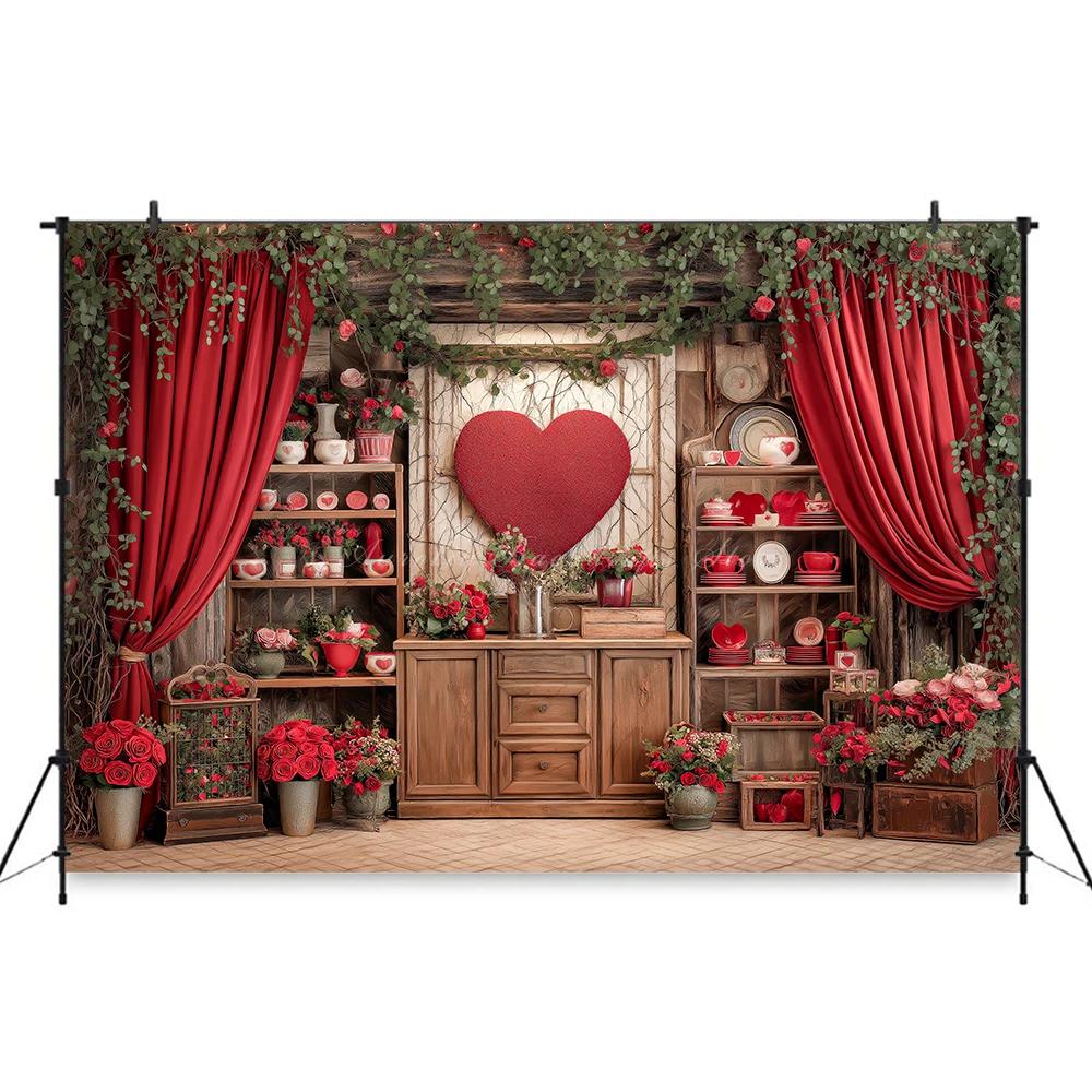 Valentine's Day red rose heart-shaped wooden cabinet banner shooting Backdrop, Valentine's Day adult portrait shooting Backdrop14