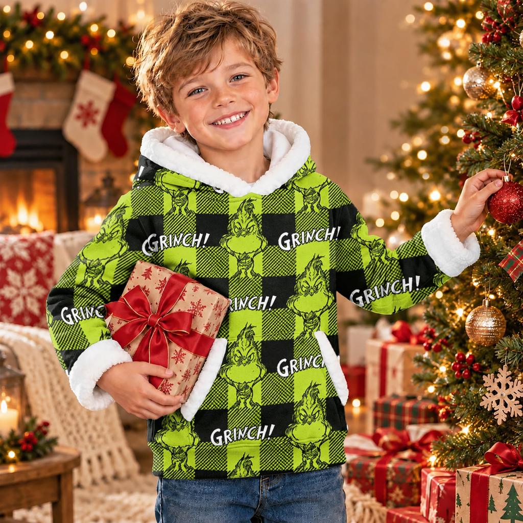 Kids Long Sleeve Christmas Print Hooded Sweatshirt Casual Pullover Top for Holiday