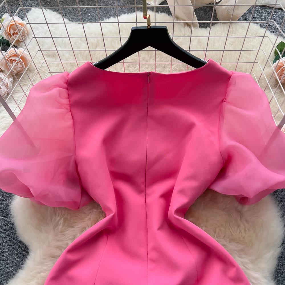 Women High Quality Beading Party Dress Summer Puff Short Sleeve Feather Design Slim Sundress French Vintage Split Midi Pencil Dress