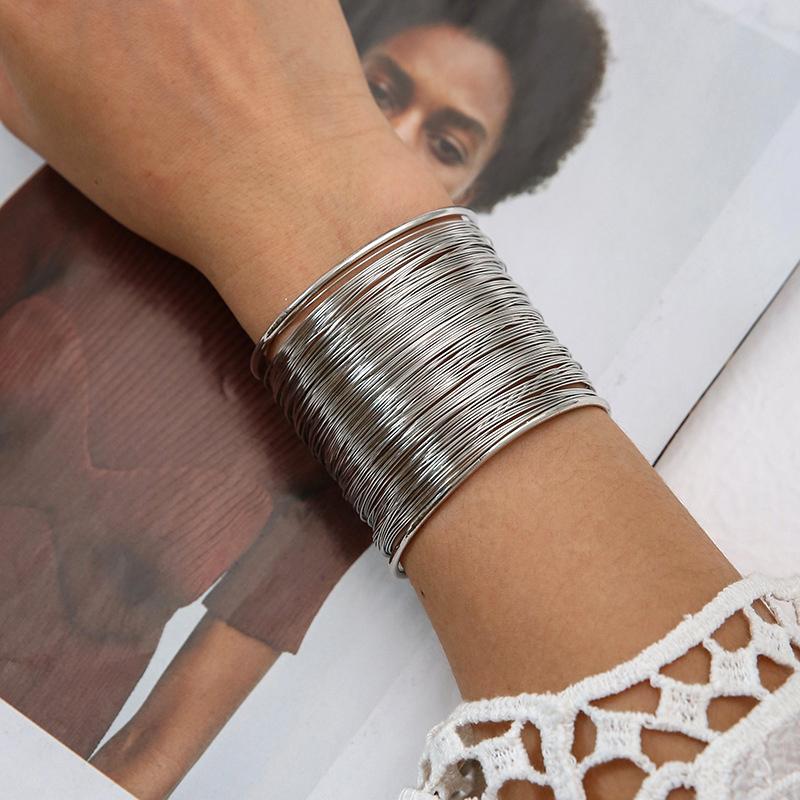 Винтажные Панк Многослойные Широкие Металлические Браслеты-Манжеты на Запястье для Женщин Преувеличенные Золотой Серебряный Цвет Металлический Браслет Женские Модные Украшения