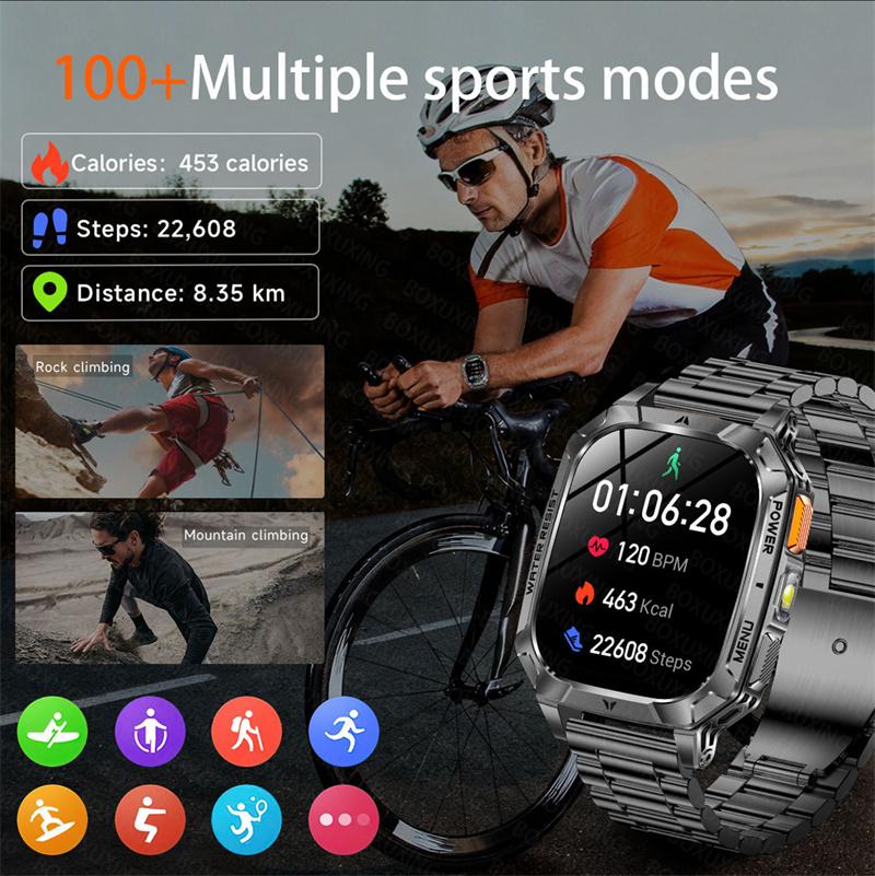 Rugged Outdoor Smart Watch 1400mAh 2.01" HD Screen Bluetooth Call GPS IP68 Waterproof Flashlight SOS Fitness Watch for Men