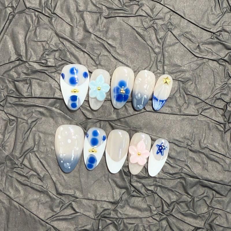 Handmade Blue Short Press-On Nails With 3D Floral Embellishment Sweet Style Removable Nail Tips Women