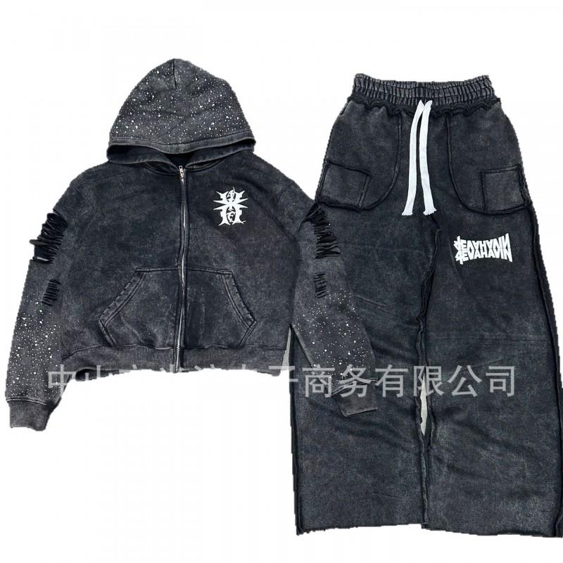 Унисекс Оверсайз Худи с 3D Стиркой Комплект Повседневных Брюк Streetwear