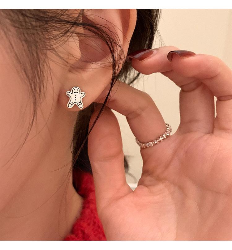 Серьги-пусеты из серебра S925 с изображением милого пряничного человечка и медведя - Универсальный рождественский подарок для женщин