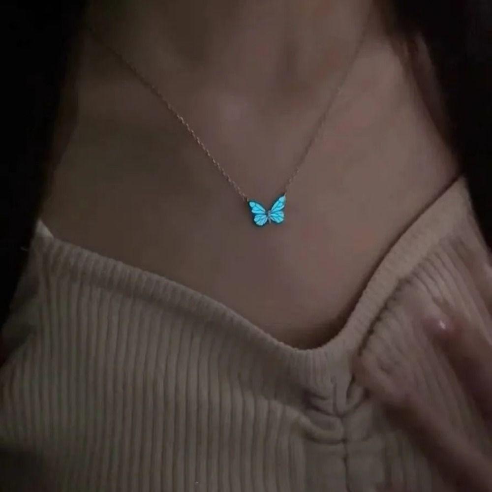 Simple Butterfly Necklace Glow in The Dark Diamond Bracelet Vintage Clavicle Chain Women