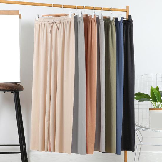 Women Ice Silk Pants Elastic High Waist Adjustable Drawstring Straight Wide Leg Pants Solid Color Long Trousers Daily Wear