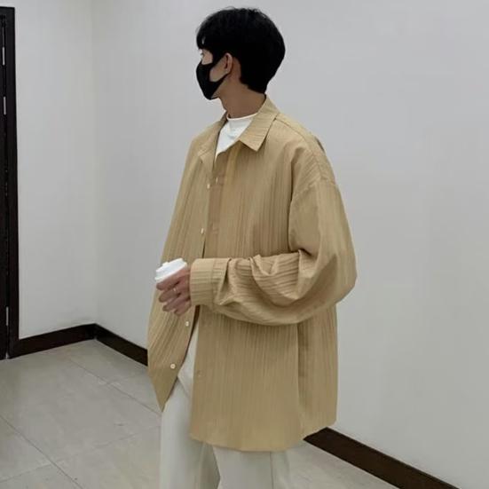 Мужская рубашка свободного кроя, однотонный кардиган с отложным воротником, однобортный, осенне-весенний топ, рубашка средней длины в уличном стиле