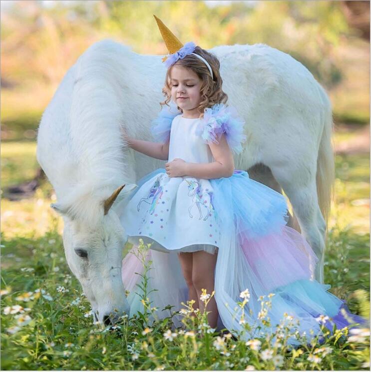 Kids Rainbow Unicorn Dress with Long Tails Party Dress for Girl Princess Costume Lol Ball Gown Baby Girls Pony Dress