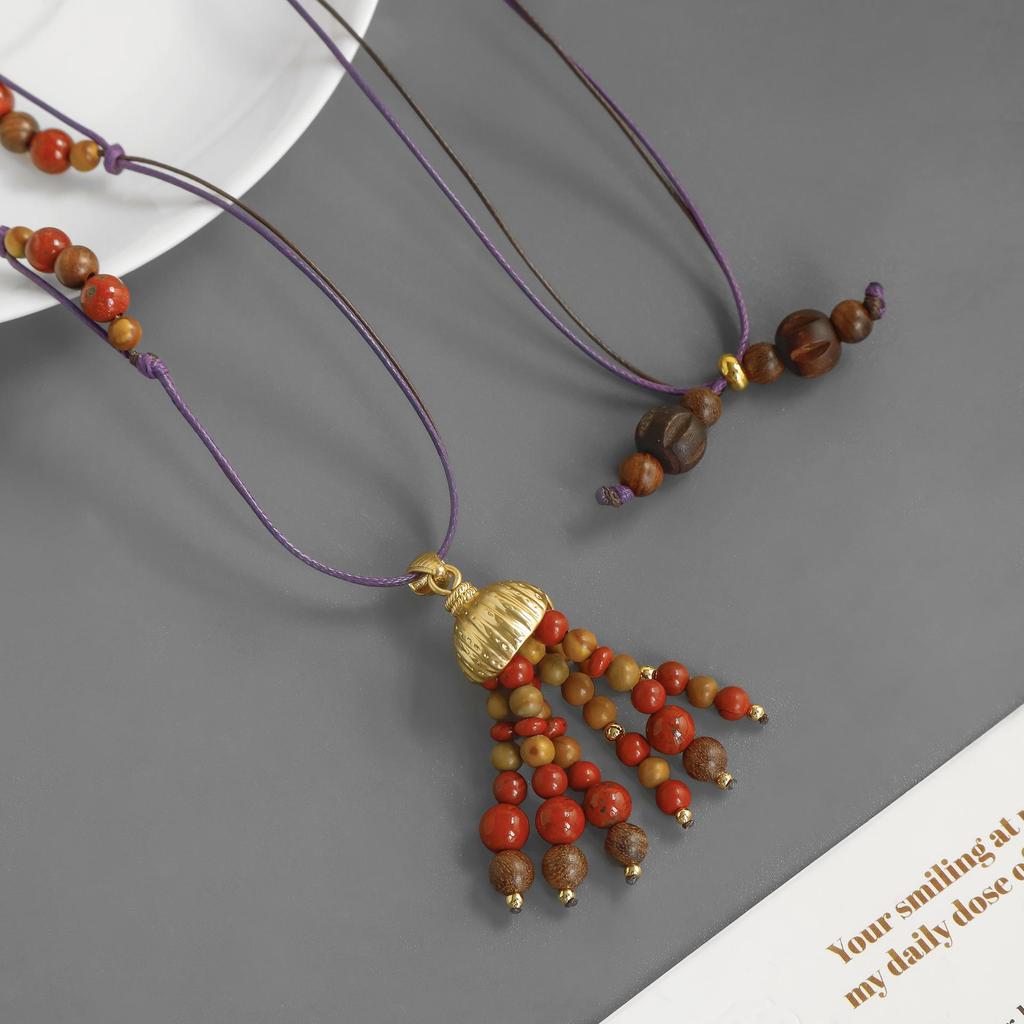 SWAH Vintage Nomadic Style Fruit Tassel Wood Bead Long Necklace with Ear Hook