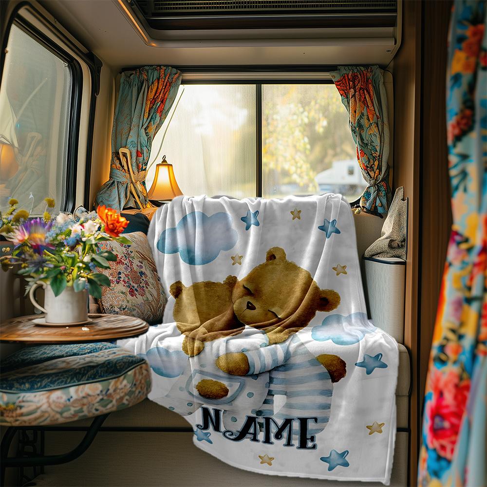 Teddy Bears In Pajamas Hugging Under Clouds And Stars Blanketcustomizable With Your Namecomfortable And Stylish Perfect For Travel Beds Chairs Offices