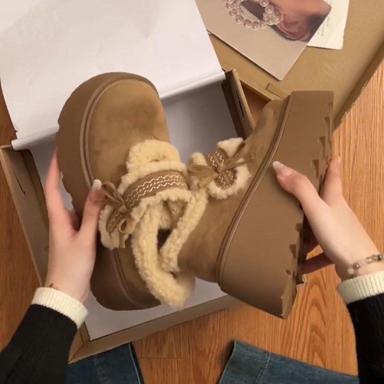 Ретро толстоподошвенные увеличивающие рост полностью закрывающие Birkenstock снежные хлопковые ботинки зимние новые милые банты пушистые ботинки