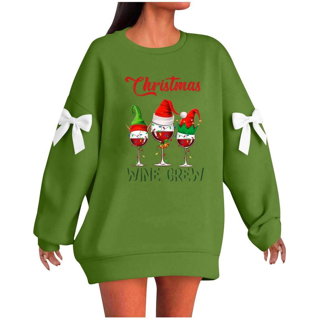 Ladies' Christmas Printed Bow Round Neck Long Sleeved Loose Pullover Sweater Sweatshirt Top