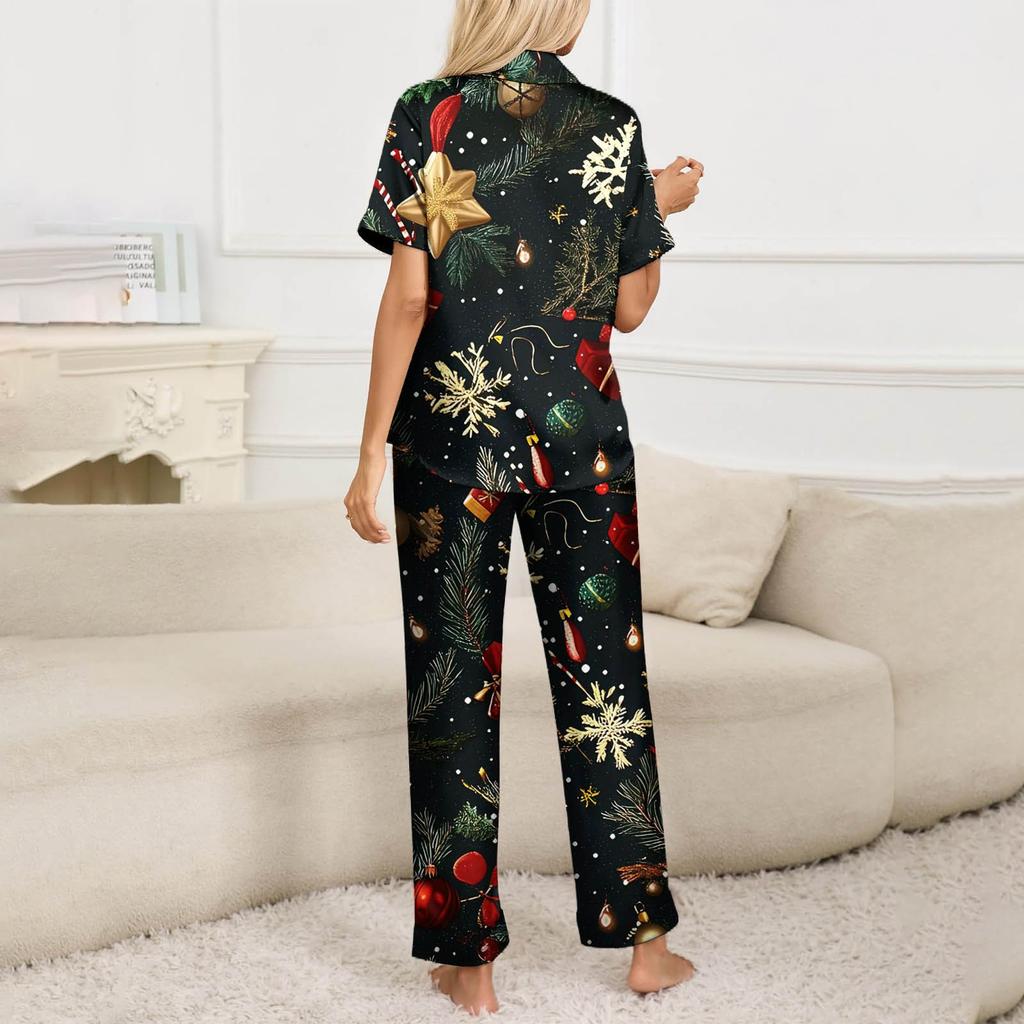 Женский рождественский пижамный комплект с принтом, женские короткие рукава, длинные брюки, комплект из двух предметов, застегивающийся на пуговицы, домашняя одежда
