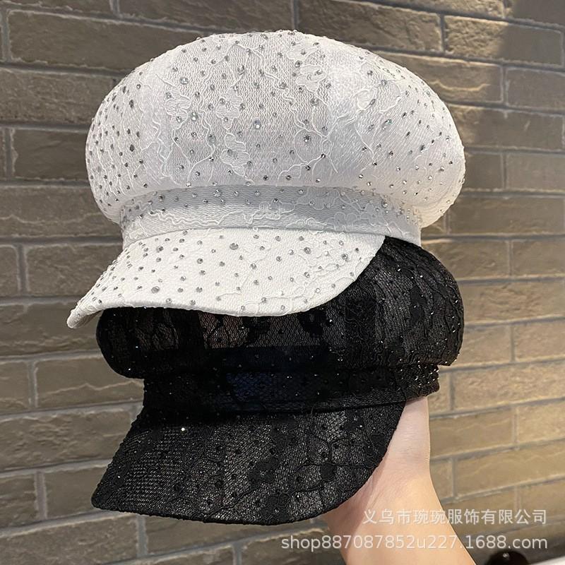 Lace Womens Embellished Beret Hat With Rhinestones Outdoor Fall Stylish Sun Protection