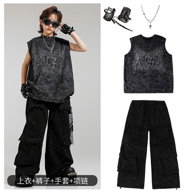 Kids Hip Hop Performance Outfit Set Boys Girls Sleeveless Rhinestone Vest Pants Street Dance Costume
