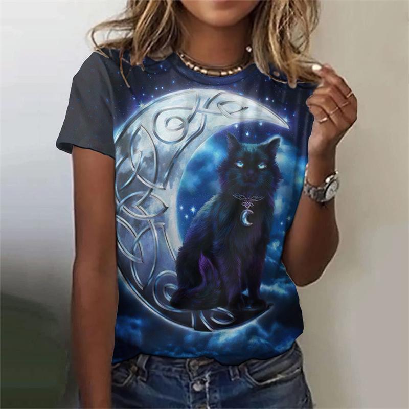 Футболка с принтом 3D Night Cat для женщин, красочные футболки с рисунком звездного неба, летние повседневные футболки с короткими рукавами и круглым вырезом