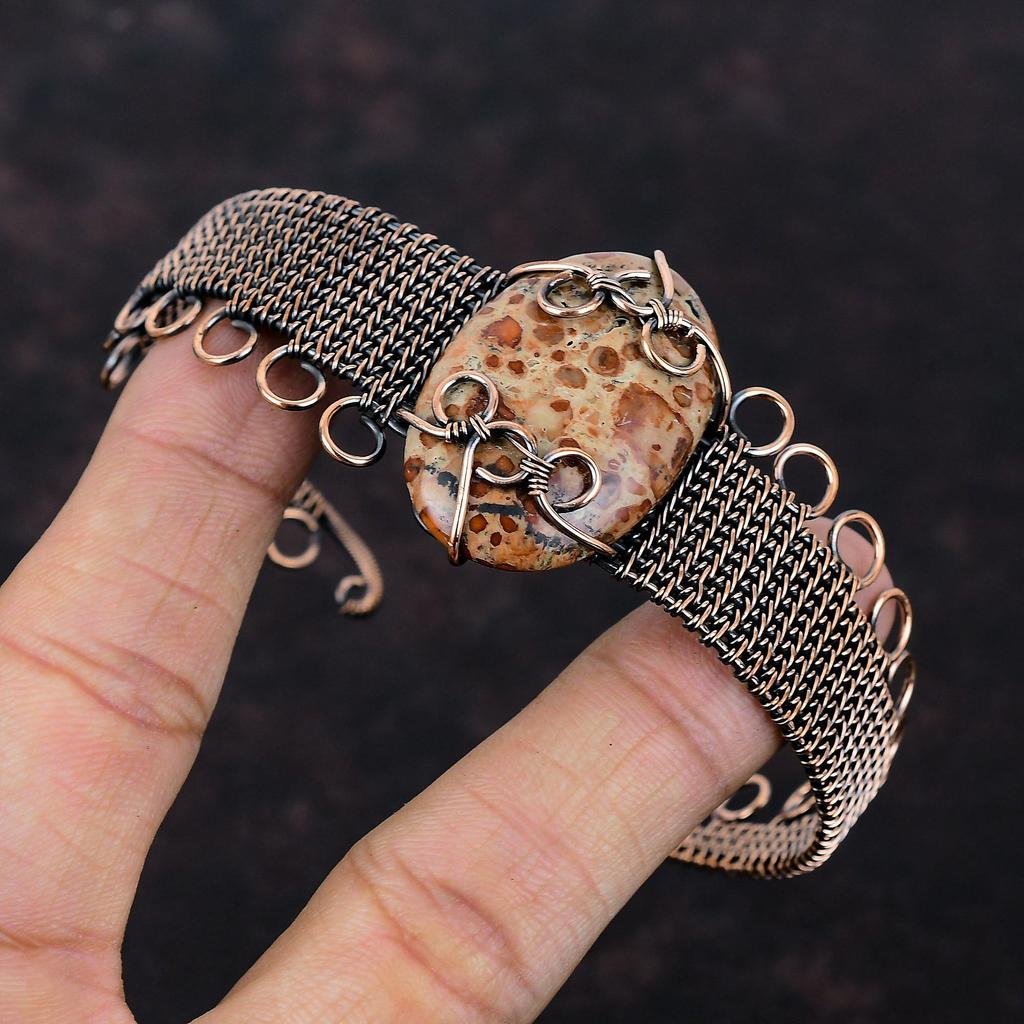 Астероид Яшма Браслет-манжета из меди с обмоткой из медной проволоки, браслет-манжета с драгоценным камнем, ювелирные изделия ручной работы с обмоткой из проволоки, регулируемый браслет-манжета, медные украшения, подарок для женщин