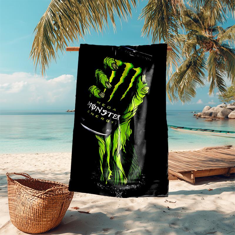 Пляжное полотенце с рисунком логотипа Monster Energy - мягкое, впитывающее, быстросохнущее, можно стирать в машине - идеально для плавания, кемпинга, купания