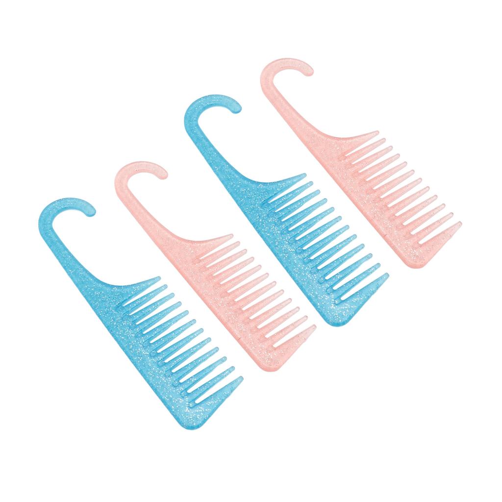 4pcs Wide Tooth Comb with Hook Rounded Handle Detangling Comb Pink Blue Transparency