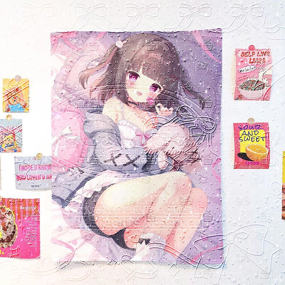 Sweet Lolita Anime Girl Tapestry, Cute Brown Haired Anime Girl Wall Hanging, Aesthetic Dorm Bedroom Decor, Retro Manga Wall Blan