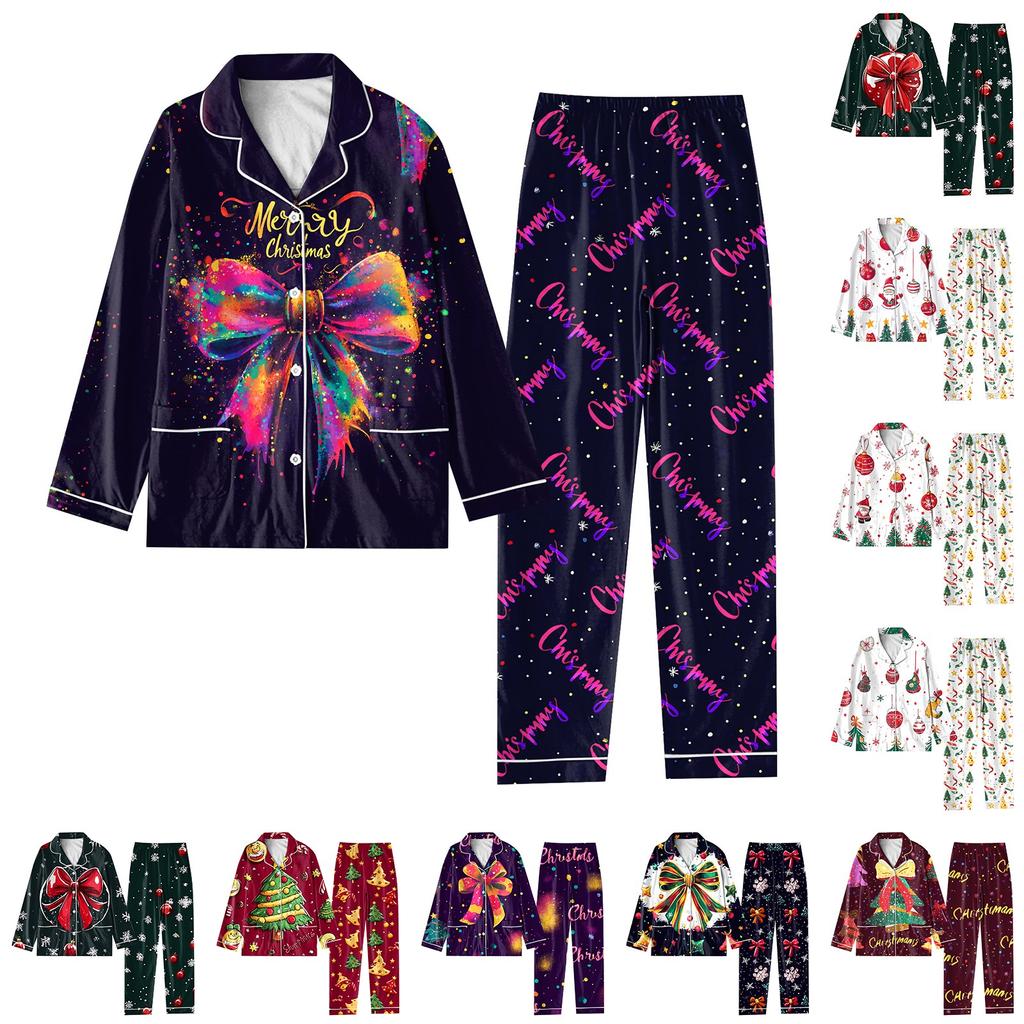 Child 2 Piece Christmas Day Printed Suit Long Sleeve Button Up Top Wide Leg Pants Suit Set Pajamas Home Casual Suit