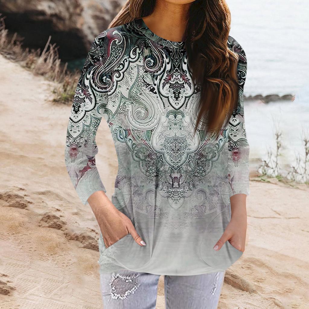 Женская модная повседневная футболка с карманом и круглым вырезом с рукавами 3/4 и топом