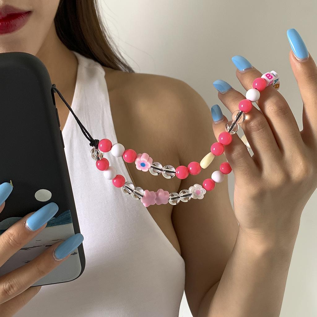 Imitation Pearl Glass Flower Color-Block Round Bead Phone Chain Fashion Trendy Star Mushroom Bag Pendant