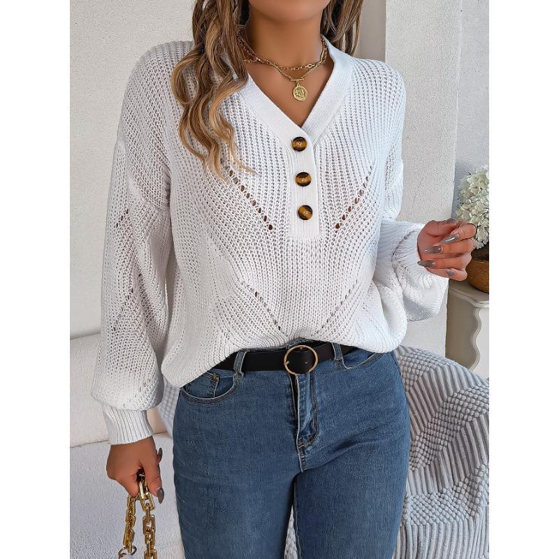 Женский свитер-пуловер с V-образным вырезом, пуговицами и рукавами-фонариками, осенне-зимняя модель
