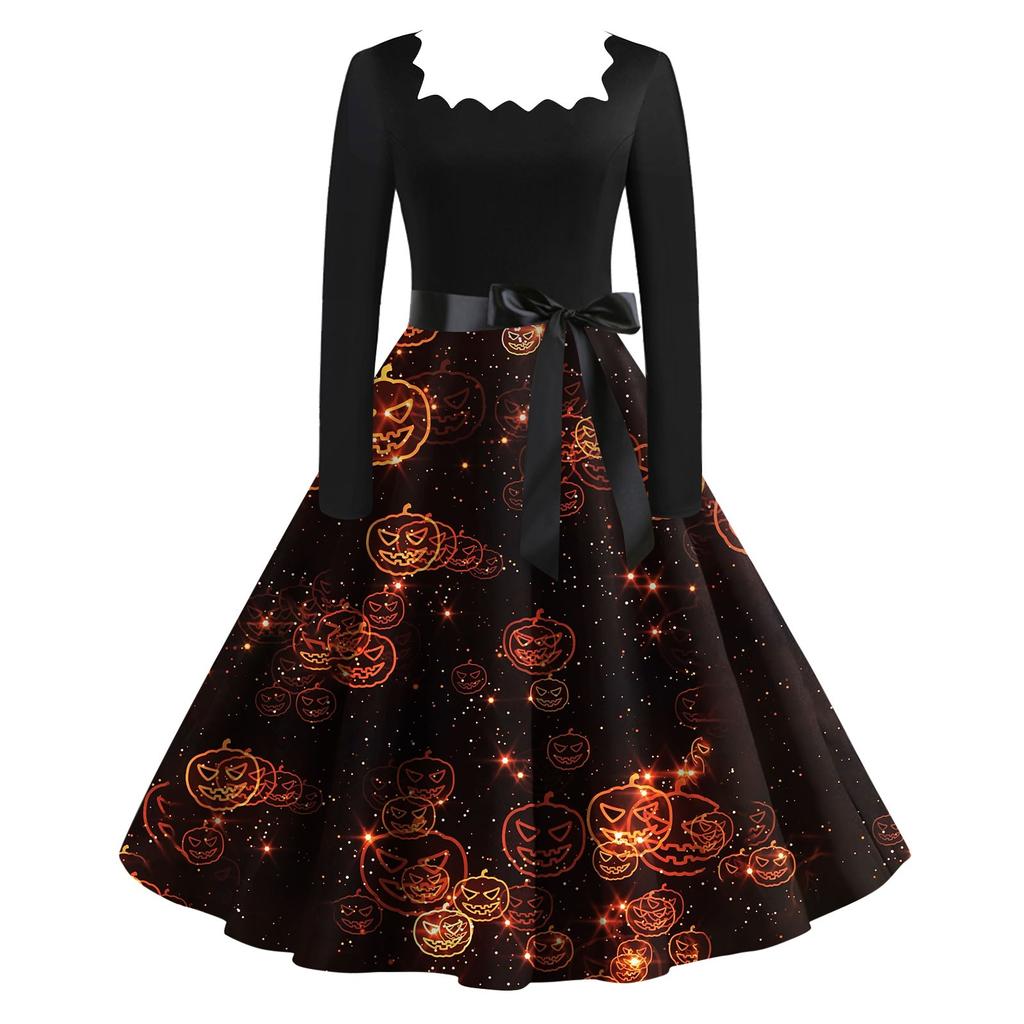 Женское повседневное модное винтажное платье с длинным рукавом и принтом на Хэллоуин