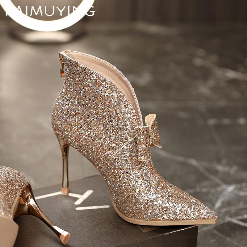 Женские ботильоны с бантом и острым носком на высоком каблуке, элегантная обувь 2025 года, модные зимние туфли-лодочки, дизайнерские готические туфли-лодочки