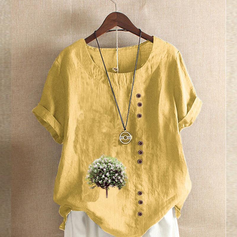 Женская мода с круглым вырезом и коротким рукавом, повседневная хлопковая льняная рубашка с рисунком, свободная хлопковая летняя блузка с принтом для отдыха, топы