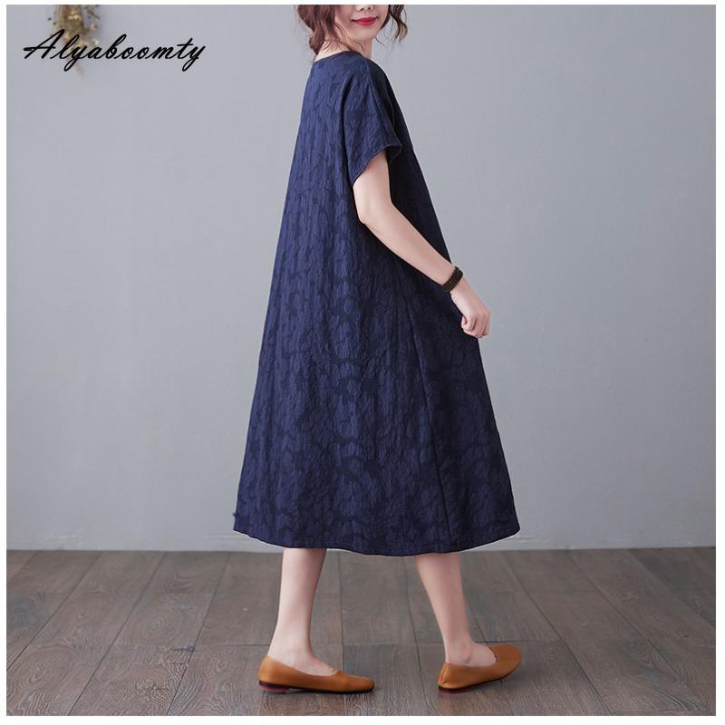 Плюс Размер Лето Женское Однотонное Платье А-силуэта Короткое Платье С О-образным Вырезом Красное Темно-синее Черное Зеленое Платье С Разрезом Жаккардовое Хлопковое Свободное Платье С Карманом