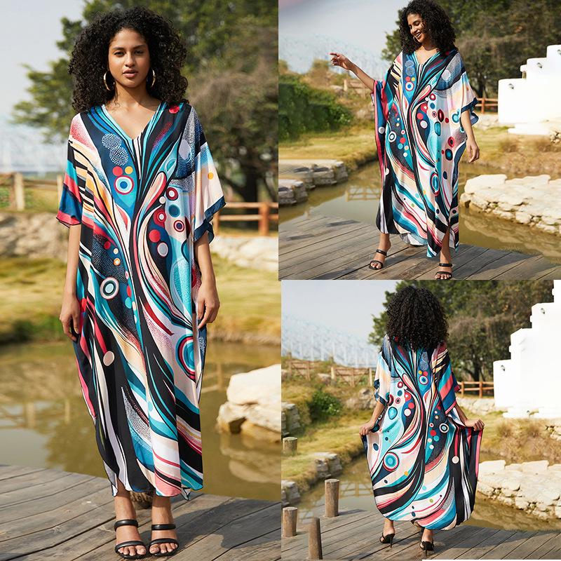 European-American Cotton Print Loose Plus Size Long Dress Beach Cover-Up Robe Style