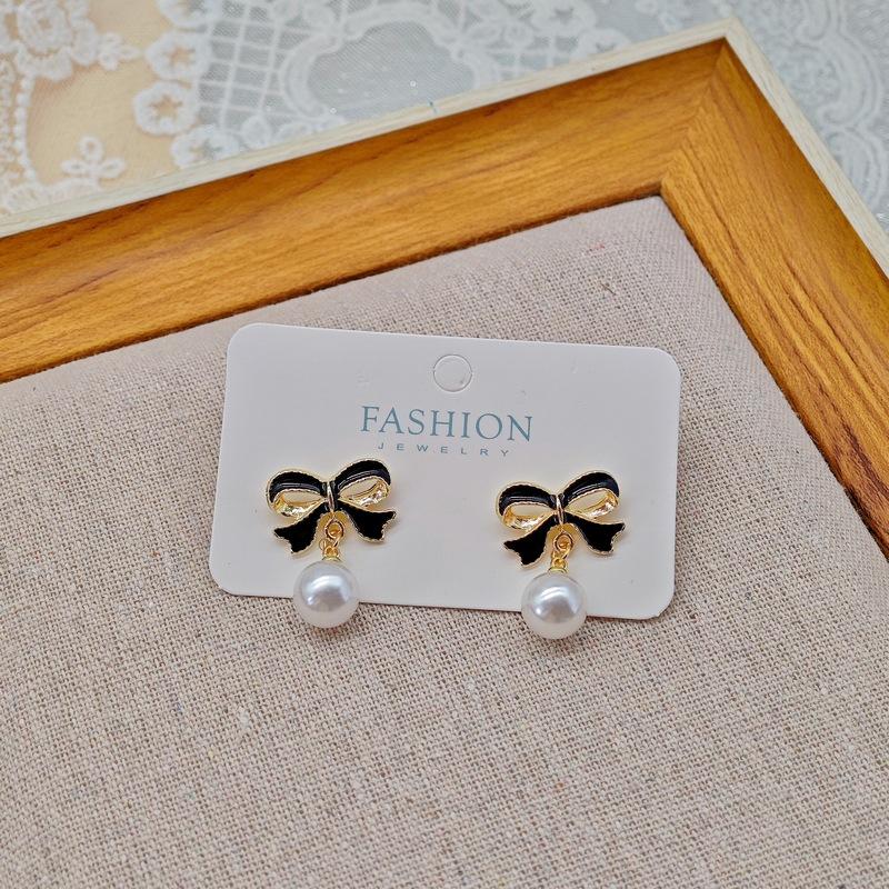 Imitation Pearl Black Red Color Bowknot Drop Earrings for Women Geometry Wedding Party Big Brincos Jewelry Gift