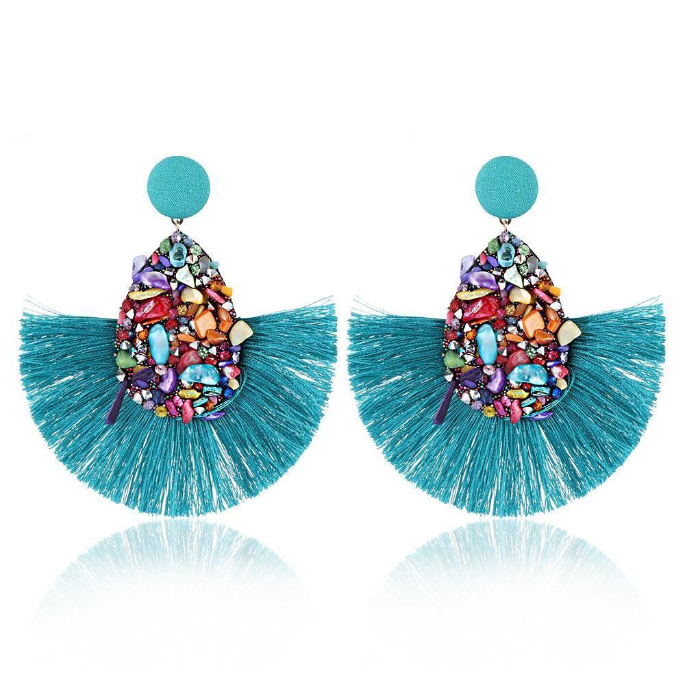 Women Colorful Charm Crystal Glitter Sequins  Dangle Tassel Earrings Fringe Drop Teardrop