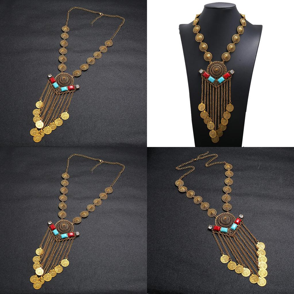 Retro Multilayer Women Coin Long Pendant Necklace With Alloy Waterfall Chain