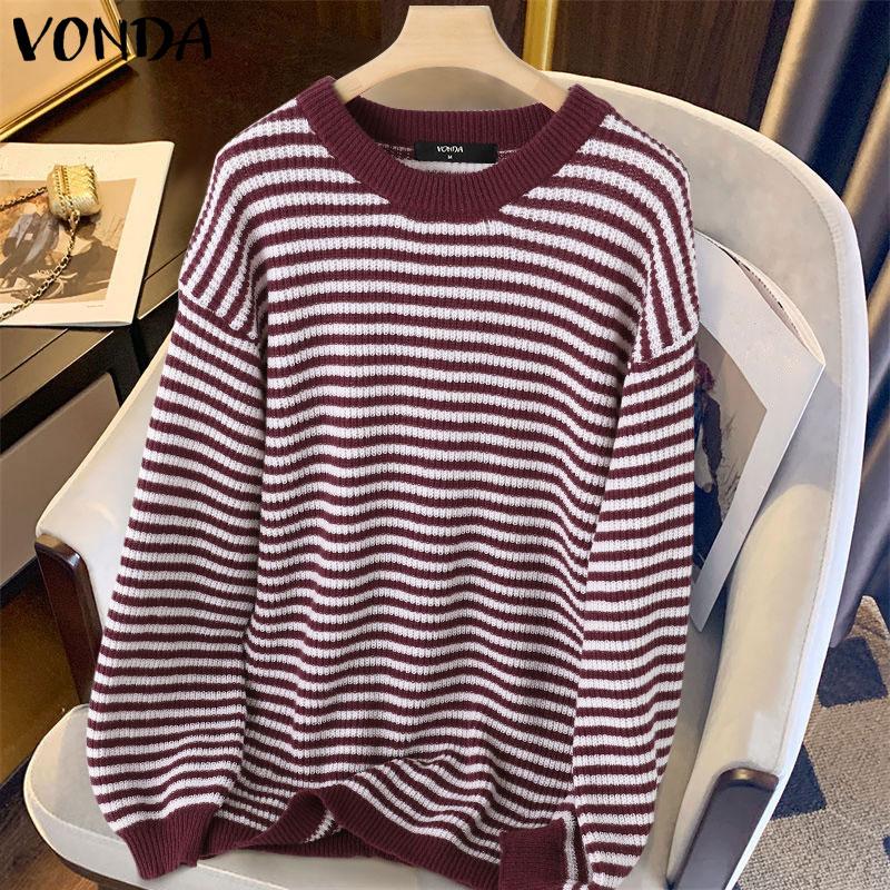 VONDA Женские осенние пуловеры и джемперы с открытыми плечами, длинными рукавами и полосатым узором