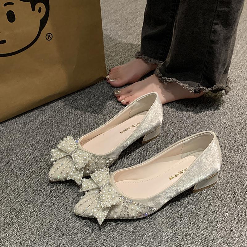Fashion Pointy Bow Single Shoes Women 2025 New Crystal Pearl Rhinester Bridesmaid High Heel Work Shoes