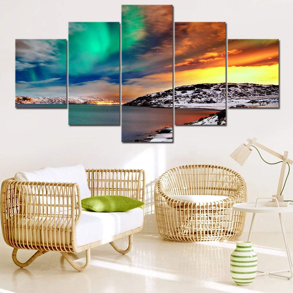 Modern Wall Art Decor Painting Natural Landscape Aurora Borealis 5 Pieces Snow-Capped Mountains And Lakes Pictures Canvas Print