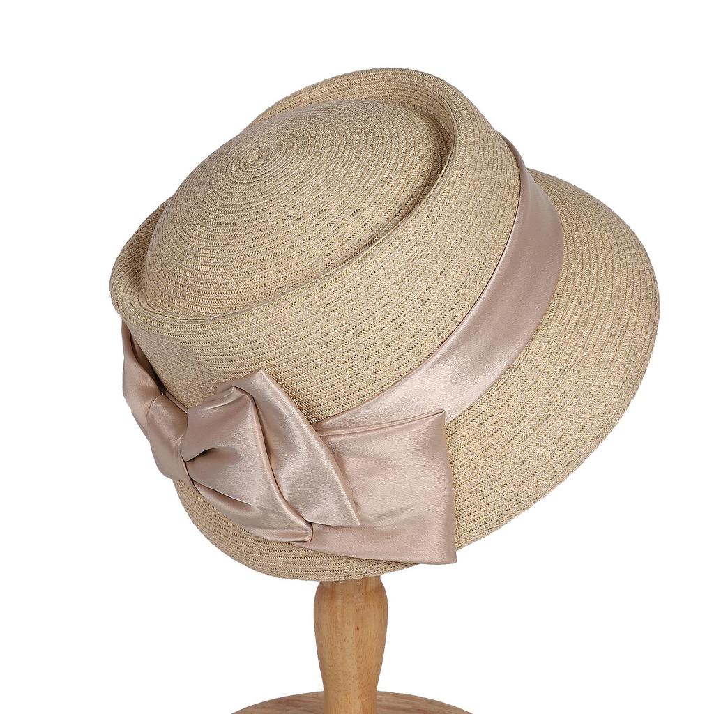 Women’s Vintage Straw Cloche Church Hat with Satin Bow | Elegant Bowler Bucket Hat for Tea Party Wedding Garden Formal Events