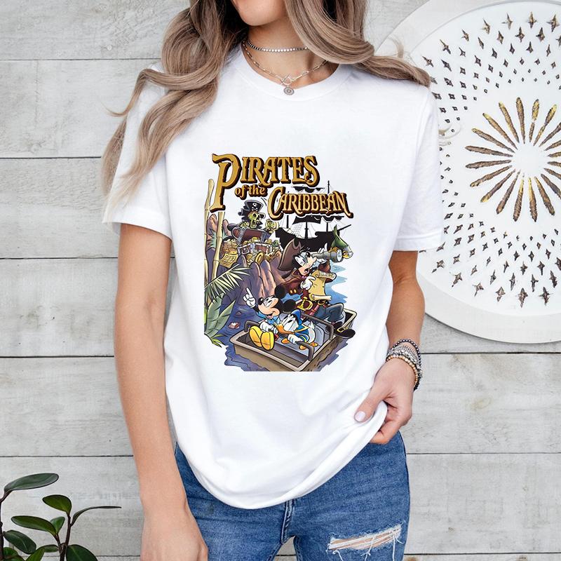 Vintage Mouse and Friends Pirates Print Harajuku Womens Summer Fashion TShirt Cotton Short Sleeve Casual Top