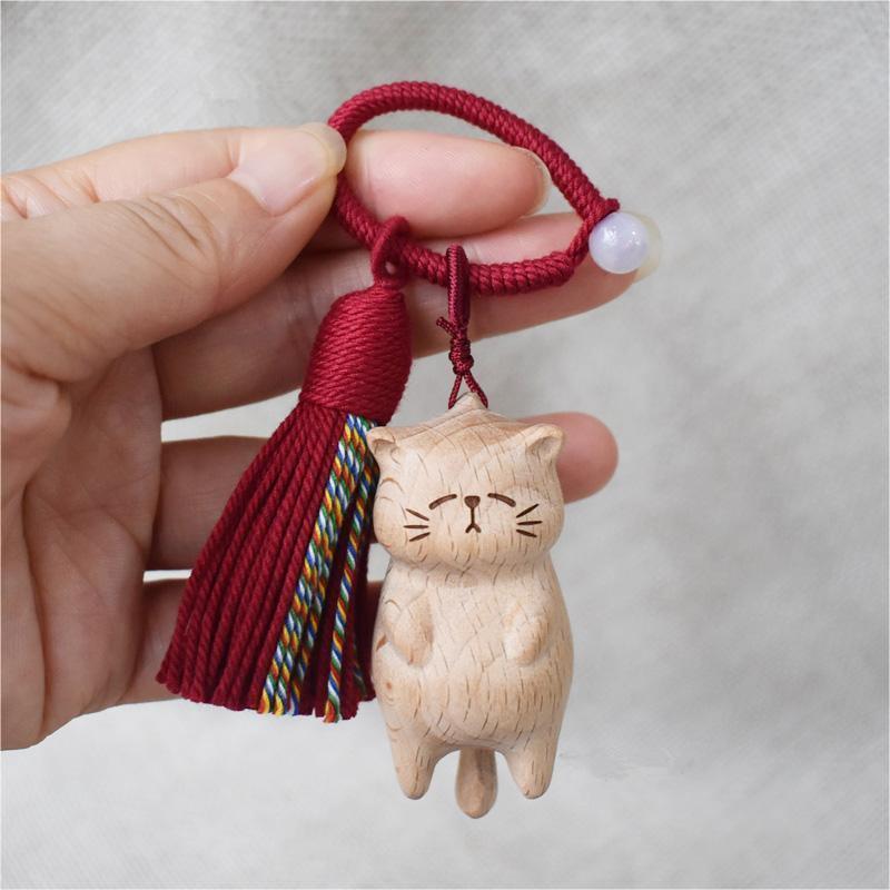 Ретро Деревянный Брелок Кошка Ручная Резьба Милый Котенок Подвеска на Сумку Шарм Кисточка Подарок Или Для Женщин Девушек Пары Модные Ювелирные Аксессуары